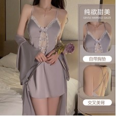 Guiruo Brand Silk Smooth Satin Face with Chest Pads Perspective Lace Sexy Cross Back Sleeping Dress Outer Robe Home Suit 3616