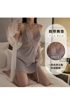 Guiruo Summer Sexy Backless Temptation Lace Perspective with Chest Pads Gathered Strap Sleeping Dress Outer Robe Home Furnishing 3660