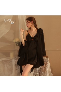 Guiruo Brand's New Sexy Solid Color Pajamas Private Hollow Suspended Dress Lace up Outer Robe Home Suit Set 1322