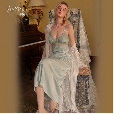 Guiruo Brand Sexy Suspended Sleeping Dress Deep V Open Back Long Dress Solid Comfortable Outer Robe Women's Home Furnishing Set Q2455